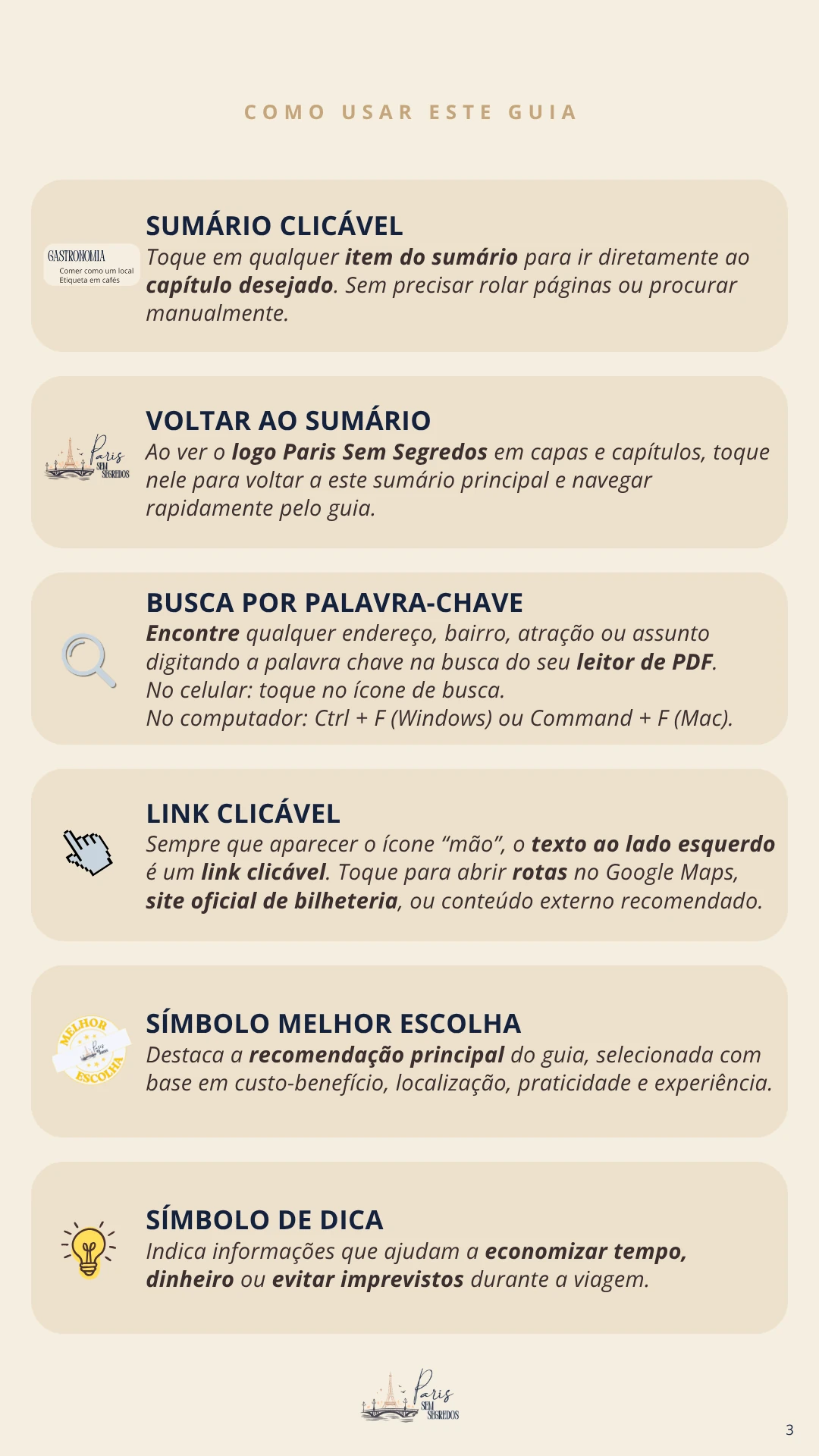 Página real do guia mostrando como usar o sumário clicável e a busca por palavra-chave
